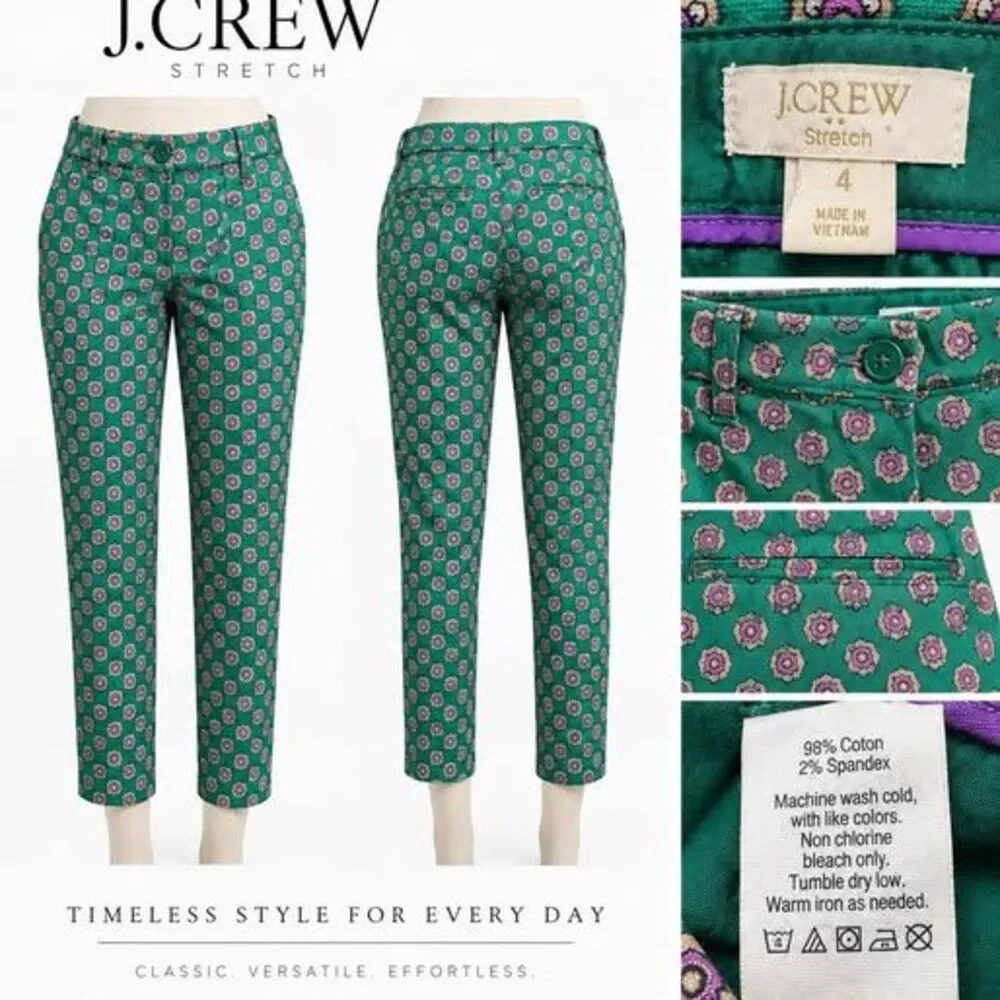 J.Crew Stretch Green Purple Medallion Print Pants Size 4 Cotton Ankle